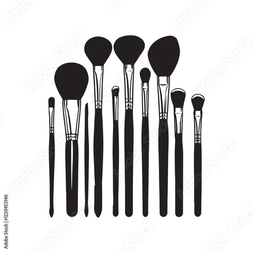 Makeup brushes, black and white illustration, cosmetic tools, professional beauty set 