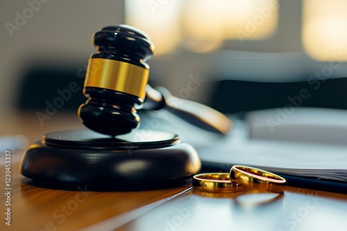A close-up of a judge's gavel with wedding rings nearby, symbolizing the intersection of law and marriage. Divorce Settlement with Gavel and Rings, Divorce Law
