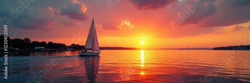 Sailboat at sunset approaching the entrance to Bremerhaven's harbor in Geeste estuary, water, sea