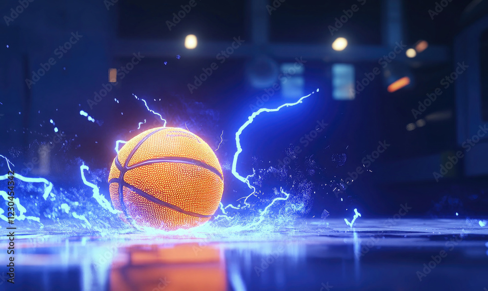 Fototapeta premium Fiery Basketball with Lightning in the Rain