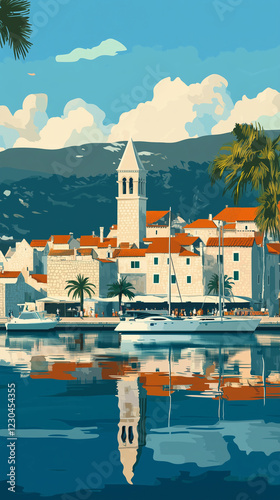 Illustration, Cityscape of trogir in Croatia, touristic advertisement poster. Beautiful touristic destination in Europe. Tourist must-see spot. Beautiful mediterian city at Adriatic Sea. Summer travel photo