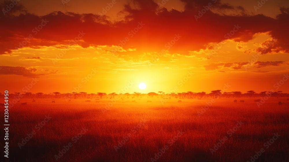 Fiery African sunset over savanna grassland. Fiery African sunset over savanna grassland.