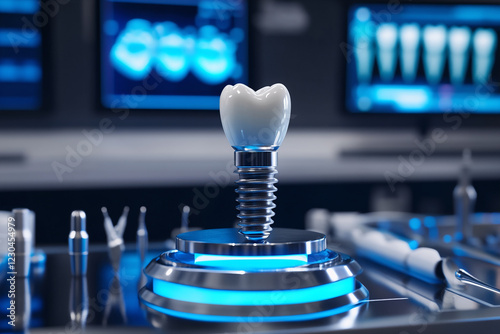 Wallpaper Mural A detailed close-up of a single dental implant or tooth placed on a sleek, futuristic platform on a laboratory table Torontodigital.ca
