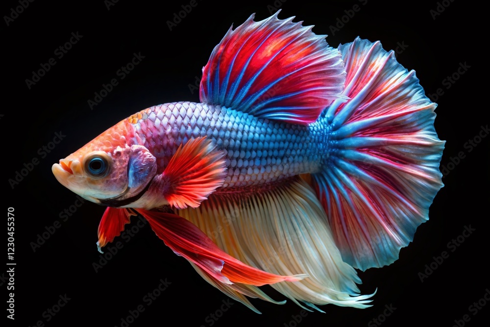 Stunning 8K Macro Betta Fish Photography: Vibrant Pink, White, Blue, Orange, Red, Gold & Green Scales Isolated on Black Stunning 8K Macro Betta Fish Photography: Vibrant Pink, White, Blue, Orange, Red, Gold & Green Scales Isolated on Black