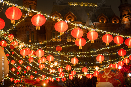 Chinese red lanterns for Chinese New Year celebration with Chinese traditional decorations.