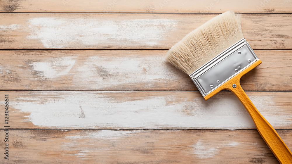Mockup of a paintbrush on a partially painted wooden surface. Concept of home renovation, creativity, and DIY projects. Mockup of a paintbrush on a partially painted wooden surface. Concept of home renovation, creativity, and DIY projects.