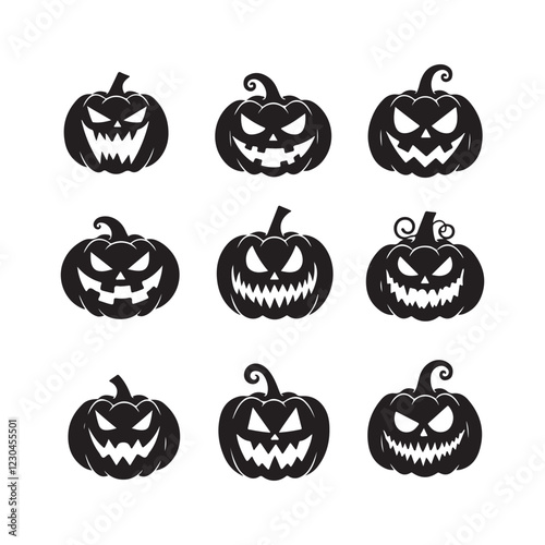 Halloween pumpkins, jack-o'-lantern silhouettes, spooky faces, black and white illustration