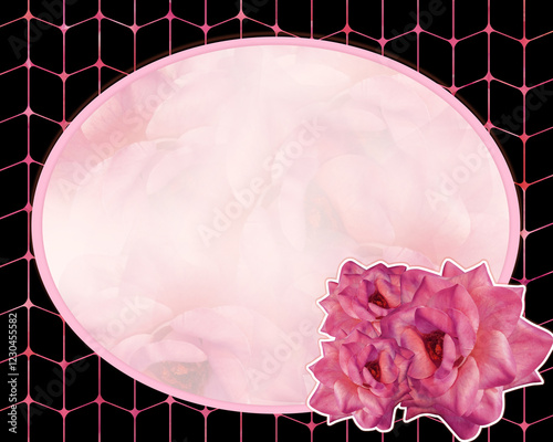 three roses on a white stoke on an oval frame and blur rose background, on pink and black frame background, nature, card, fashion, copy space