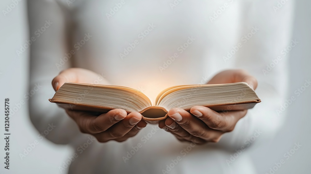 Fototapeta premium Hands Holding a Glowing Book Symbolizing Magic and Wonder, evoking a sense of wonder, magic, and imagination