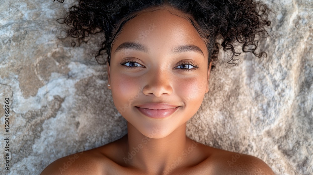 Fototapeta premium A young girl lies on a rocky surface, her curly hair framing her face. She smiles brightly, exuding happiness and innocence while enjoying her surroundings