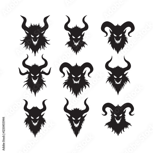 Dark demonic faces, horned creatures, black silhouettes, evil expressions 