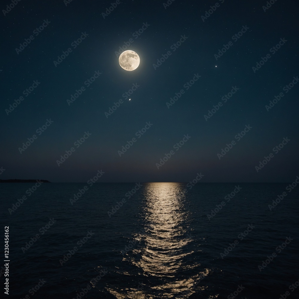 A luminous crescent moon hovering just above a calm, dark sea A luminous crescent moon hovering just above a calm, dark sea