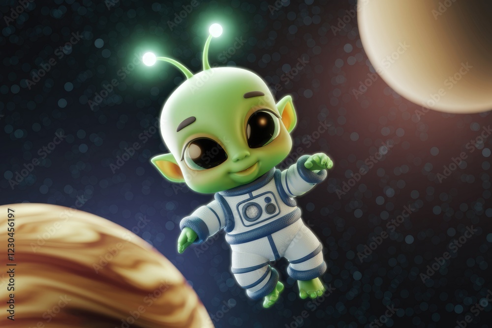 Obraz premium Adorable green alien astronaut floats in space, near planets.