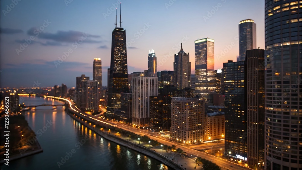 Fototapeta premium Stunning Chicago Cityscape: High-Resolution Panoramic View at Night with Deep Depth of Field