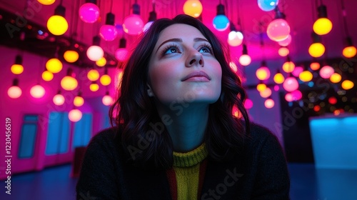 A young woman gazes up in awe at a vibrant display of hanging lights in an art installation, creating a captivating atmosphere of color and creativity in an urban setting photo