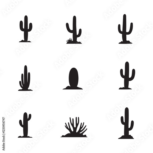 Desert flora, cactus silhouettes, saguaro, agave, prickly pear, minimalist design