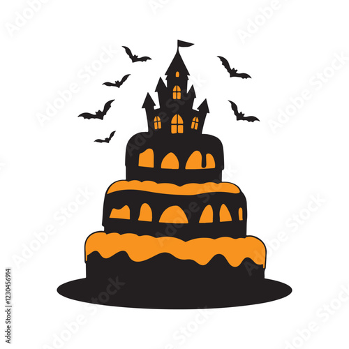 Halloween cake, gothic castle topper, flying bats, tiered cake, haunted house theme silhouette vector art illustration