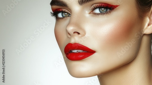 Model displays striking makeup with bold red lips and sharp eyeliner, emphasizing facial features against a neutral background. The look enhances elegance and style photo