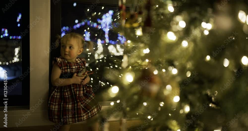 Adorable, happy toddler hanging out near beautiful, sparking Christmas tree - steady cam shot
