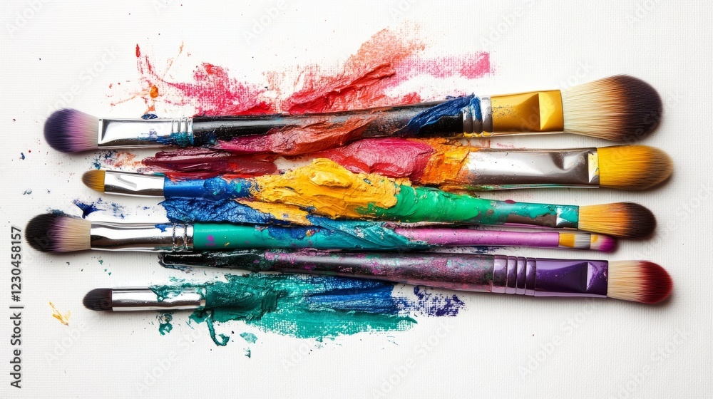 Fototapeta premium A collection of paintbrushes with vivid paint strokes on a white canvas, showcasing creativity and artistic expression.
