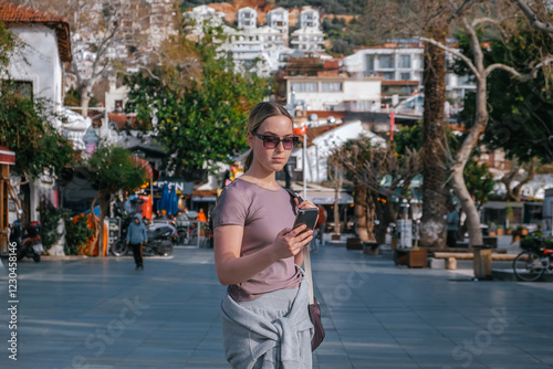 ourney, young woman embarks solo journey, middle breathtaking mountain panorama. Embracing self-care digital nomad lifestyle, freedom, adventure and personal growth photo