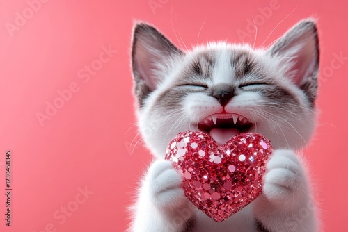 Marketing creative. Cute japanese bobtail feline infant with sparkling rhinestones red heart - emblem of love, funny greeting card. Japanese bobtail - my treasured cat. February red kitten. photo