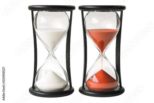A pair of modern hourglasses with black frames, featuring red and white sand for a sleek and decorative timekeeping display. Isolated, AI generated.  .