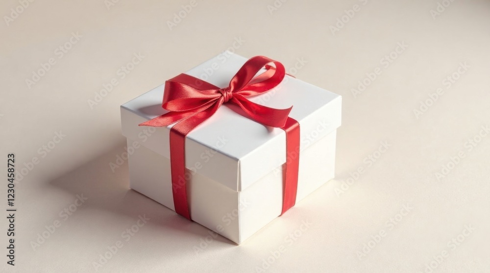 A pristine white gift box adorned with a vibrant red ribbon, a perfect symbol of thoughtful presentation and joyous celebration A pristine white gift box adorned with a vibrant red ribbon, a perfect symbol of thoughtful presentation and joyous celebration