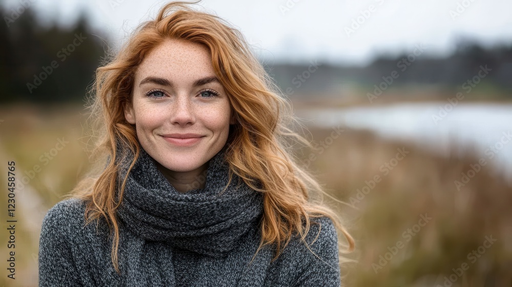 A cheerful woman with curly red hair poses against a backdrop of water and tall grasses, dressed warmly in a cozy sweater and scarf. The day is overcast, adding a soft ambiance to the scene A cheerful woman with curly red hair poses against a backdrop of water and tall grasses, dressed warmly in a cozy sweater and scarf. The day is overcast, adding a soft ambiance to the scene