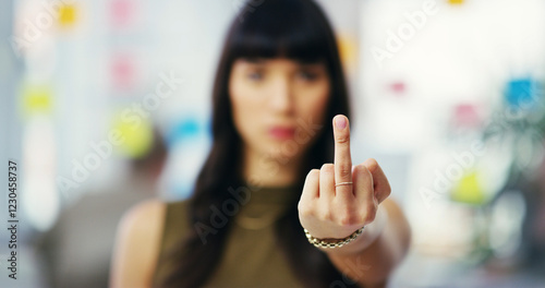 Fotografija Office, rude and hand of woman for middle finger, frustrated expression and symbol of rebellion