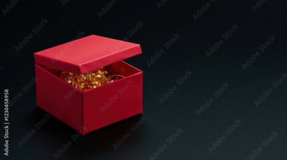 A partially opened crimson gift box overflowing with shiny golden decorative accents rests on a dark surface A partially opened crimson gift box overflowing with shiny golden decorative accents rests on a dark surface