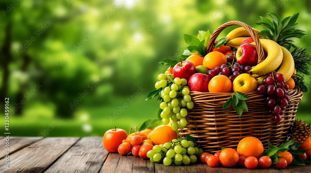 Fresh and Vibrant Fruit Basket on a Wooden Table in a Natural Setting Fresh and Vibrant Fruit Basket on a Wooden Table in a Natural Setting