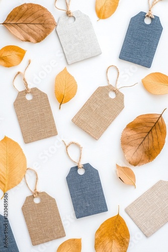 Dried leaves and rustic fabric tags create a creative flat-lay arrangement showcasing natural imperfections and raw edges photo