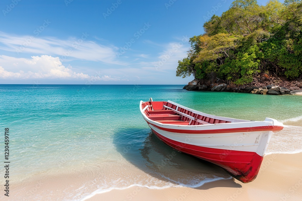 Island hopping on sandy shores defines a perfect beach vacation. Colorful boat on sandy beach with clear blue water and lush greenery. Island hopping on sandy shores defines a perfect beach vacation. Colorful boat on sandy beach with clear blue water and lush greenery.