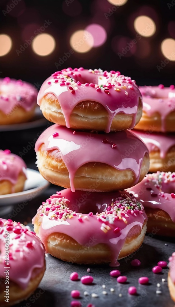 Delightful strawberry pink glazed donuts are displayed on a rustic wooden background. Sprinkles and candy embellishments add vibrant colors, creating a festive treat. Generative AI Delightful strawberry pink glazed donuts are displayed on a rustic wooden background. Sprinkles and candy embellishments add vibrant colors, creating a festive treat. Generative AI