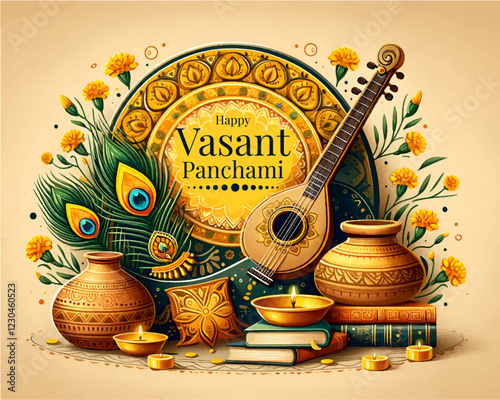 Happy Vasant Panchami cultural Indian festival card with Veena illustration vector