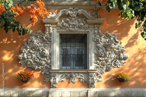 Ornate Window Framed by Intricate Stone Carving and Flowers
