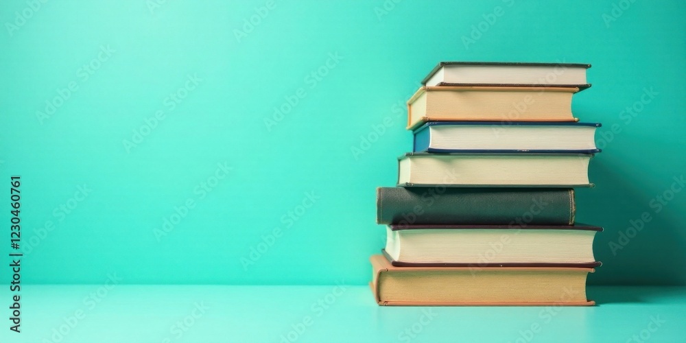 A Stack of Books on a Teal Surface, Ready for Reading and Learning A Stack of Books on a Teal Surface, Ready for Reading and Learning