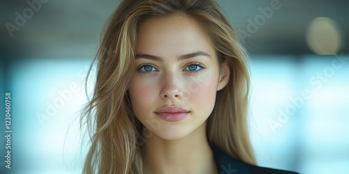 A young woman with long, flowing hair and captivating blue eyes stands confidently, showcasing her natural beauty in a softly lit urban environment Free Download A young woman with long, flowing hair and captivating blue eyes stands confidently, showcasing her natural beauty in a softly lit urban environment - GFXLoad