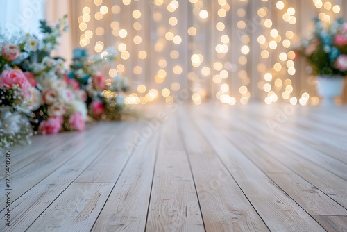 Closeup of an empty smooth light wood floor with colored lights and floral bouquets, birthday party atmosphere in the background