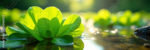Water lettuce growing in shallow waters with sunlight filtering through, vegetation, growth, water bodies