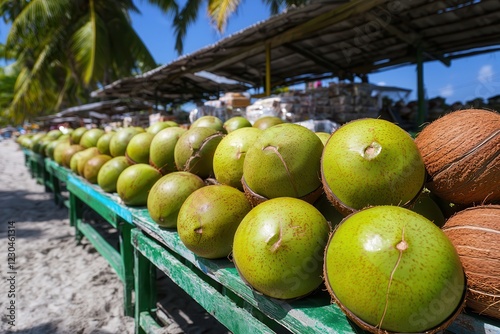 Island hopping on sandy shores defines a perfect beach vacation. Fresh coconuts displayed on a market stall by the beach. photo