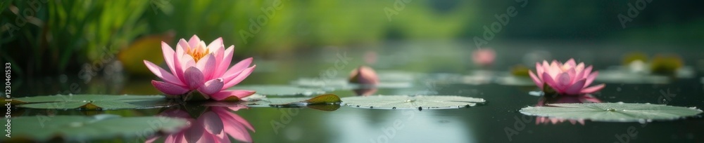 Water lilies and lotus flowers blooming on the surface of a flooded area near the Dnieper River in spring, aquatic life, water lilies Water lilies and lotus flowers blooming on the surface of a flooded area near the Dnieper River in spring, aquatic life, water lilies