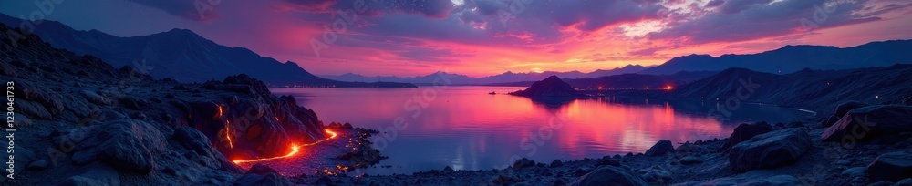 Lava flows into a volcanic lake under starry skies at dawn, water, rocky, morning Lava flows into a volcanic lake under starry skies at dawn, water, rocky, morning