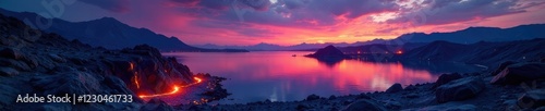 Lava flows into a volcanic lake under starry skies at dawn, water, rocky, morning
