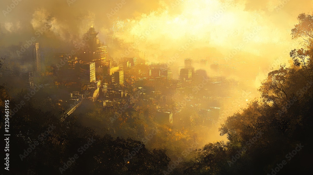A cityscape with a mountain in the background. The sky is yellow and the city is in the foreground A cityscape with a mountain in the background. The sky is yellow and the city is in the foreground