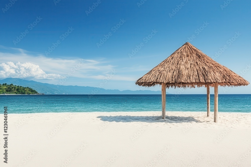 Island hopping on sandy shores defines a perfect beach vacation. Tropical beach with a thatched hut and clear blue waters. Island hopping on sandy shores defines a perfect beach vacation. Tropical beach with a thatched hut and clear blue waters.