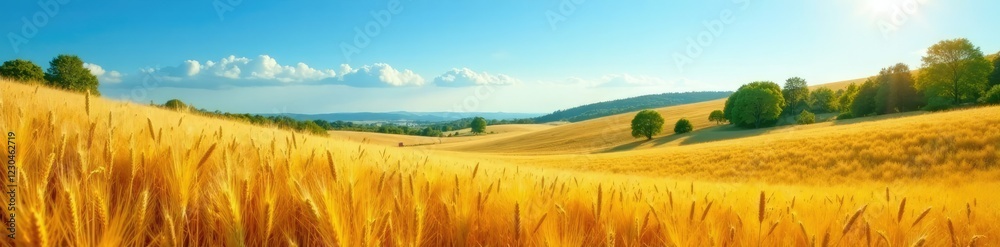 Rolling hills of golden wheat under clear blue sky, trees, sunlit, fields Rolling hills of golden wheat under clear blue sky, trees, sunlit, fields