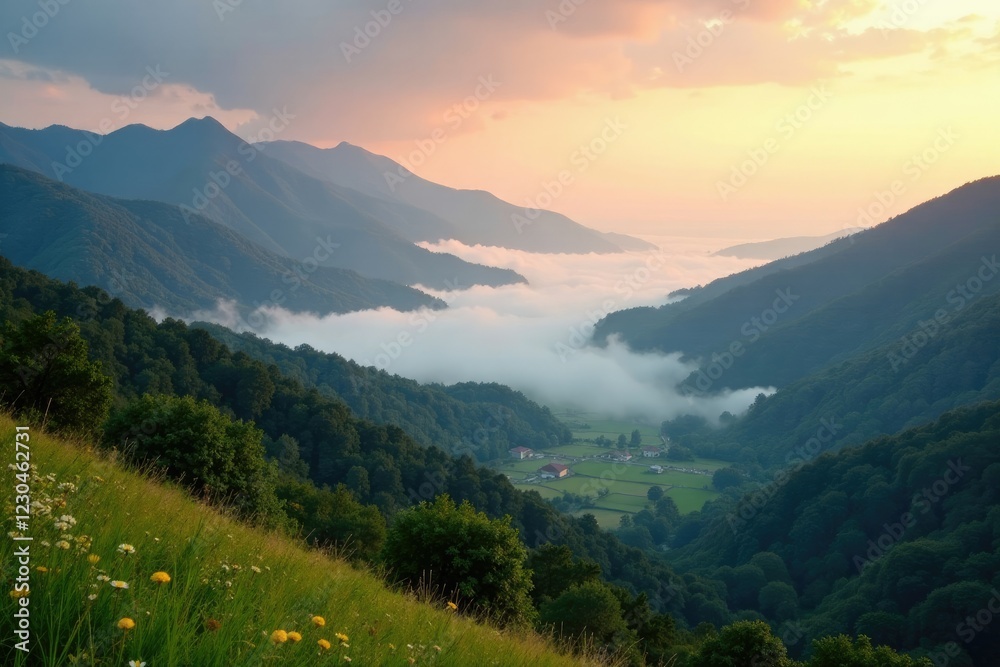 Fototapeta premium Rolling hills and mountains meet at a serene valley covered in mist at dawn, earth, scenery