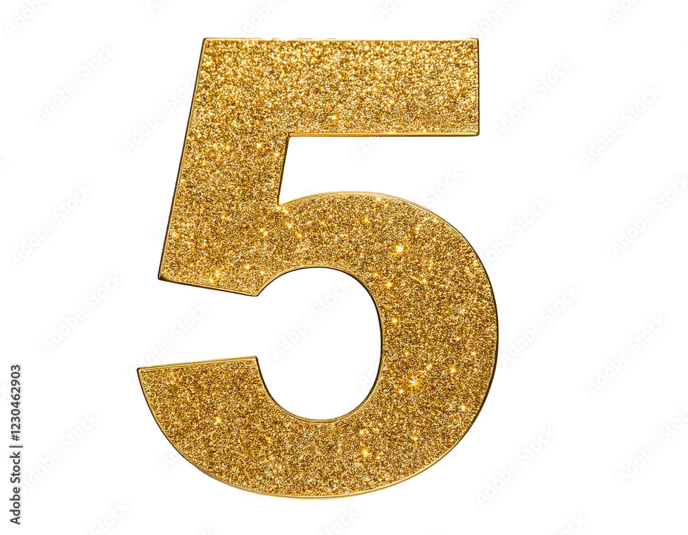 Number 5 in gold glitter isolated on a white background, cut out Number 5 in gold glitter isolated on a white background, cut out